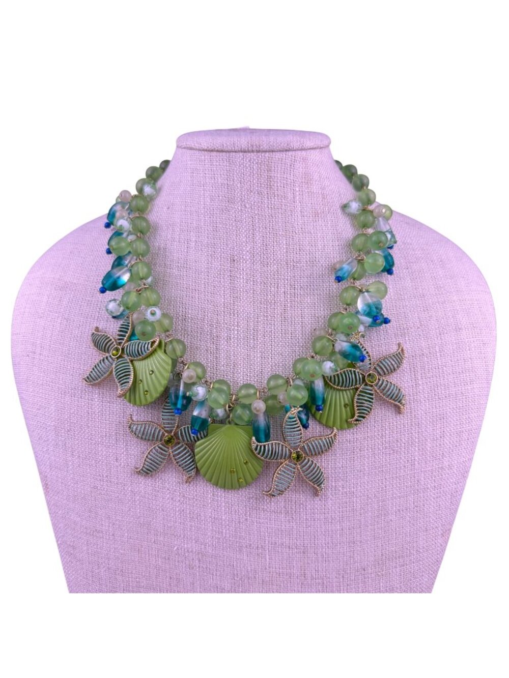 Chicos Womens Green Multicolor Beaded Seashell Starfish Statement Necklace